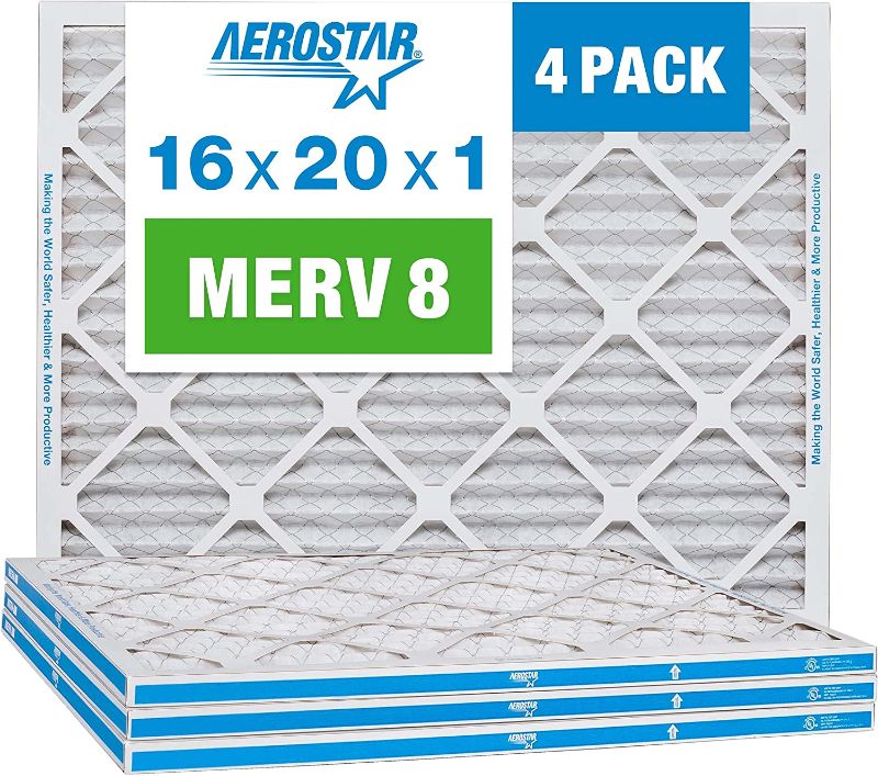 Photo 1 of Aerostar 16x20x1 MERV 8 Pleated Air Filter, AC Furnace Air Filter, 4 Pack (Actual Size: 15 3/4"x19 3/4"x3/4")
