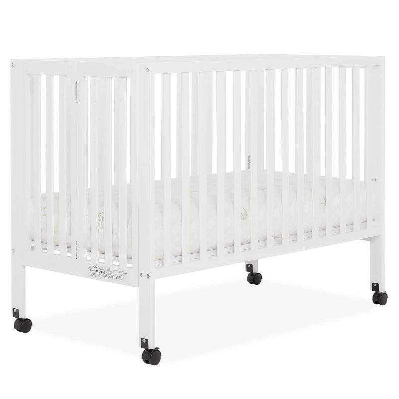 Photo 1 of Dream On Me Quinn Full-Size Folding Crib In White, Removeable Wheels, Modern Nursey, Adjustable Mattress Support, Portable Crib, Patented Folding System
