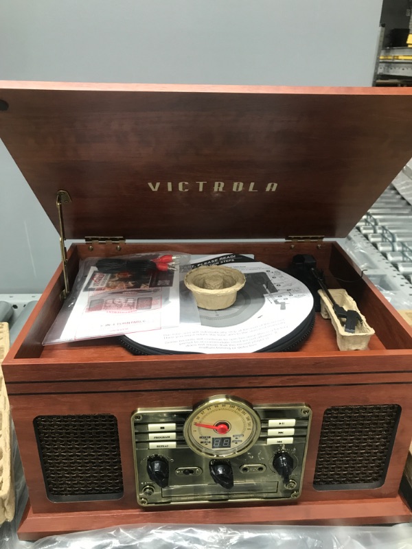 Photo 3 of Victrola Nostalgic 6-in-1 Bluetooth Record Player & Multimedia Center with Built-in Speakers - 3-Speed Turntable, CD & Cassette Player, FM Radio | Wireless Music Streaming | Mahogany Mahogany Entertainment Center