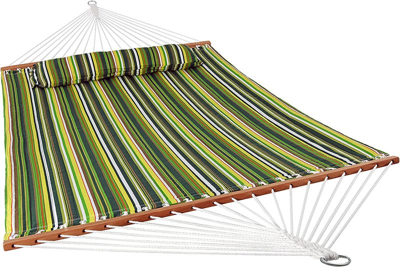 Photo 1 of  Outdoor Quilted Fabric Hammock - Two-Person with Spreader Bars - Heavy-Duty 450-Pound Capacity - Melon Stripe
