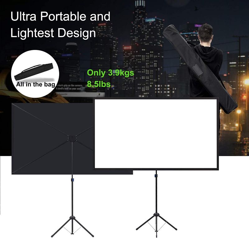 Photo 1 of Portable Projector Screen with Stand, Outdoor Movie Screen, 80 Inch 16:9 Light-Weight, Mobile and Compact, Easy Setup and Carrying, Projection Screen with 1.2 Gain Glass Fiber, Idea for Home Cinema
