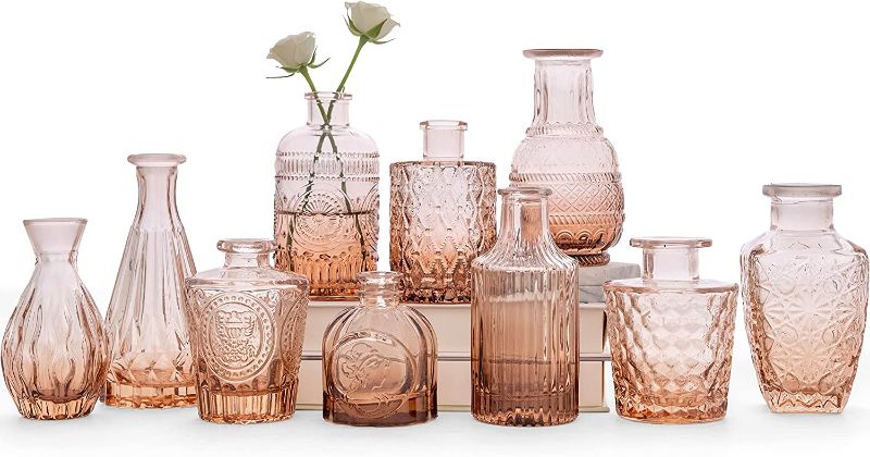 Photo 1 of Amber Glass Bud Vase Set of 10 - Small Vases for Flowers, Bud Vases in Bulk, Cute Glass Vases for Centerpieces, Mini Vintage Vase for Wedding Decorations, Table Flower Decor(Pink Orange)
