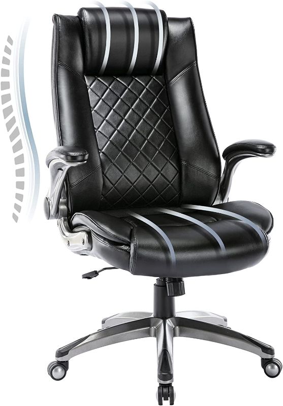 Photo 1 of COLAMY High Back Office Chair-Executive Computer Office Chair with Flip-up Arms Adjustable Height Swivel Chair, Thick Padded Leather for Comfort and Ergonomic Design for Lumbar Support 