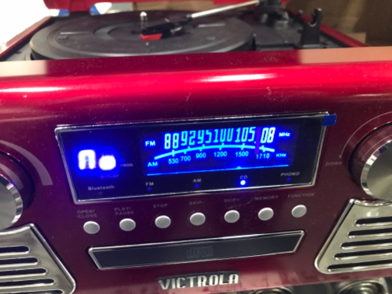 Photo 3 of Victrola 50's Retro Bluetooth Record Player & Multimedia Center with Built-in Speakers - 3-Speed Turntable, CD Player, AM/FM Radio | Vinyl to MP3 Recording | Wireless Music Streaming | Red Red Record Player