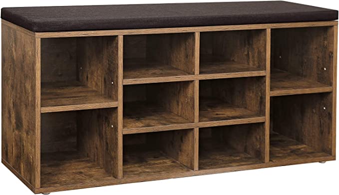 Photo 1 of  Shoe Bench, Storage Bench, Shoe Rack Bench, Shoe Shelf, Storage Cabinet, 10 Compartments, with Cushion, for Entryway, 40.9 x 11.8 x 18.9 Inches, Rustic Brown and Brown ULHS10BX