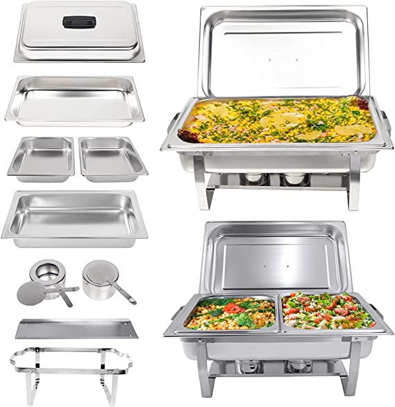 Photo 1 of 2-Pack 8QT Stainless Steel Chafing Dish Buffet Chafer Set with Foldable Frame Water Trays, 2 Full Size, 4 Half Food Pans for Wedding, Parties, Banquet, Catering Events