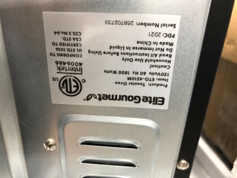 Photo 1 of DAMAGED ITEM
Elite Gourmet ETO-4510M French Door 47.5Qt, 18-Slice Convection Oven 4-Control Knobs, Bake Broil Toast Rotisserie Keep Warm, Includes 2 x 14" Pizza Racks, Stainless Steel 18-Slice, 45L With Rotisserie and Convection