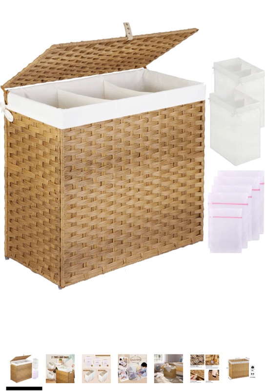 Photo 1 of Greenstell Laundry Hamper with Lid, 125L Large 3 Sections Clothes Hamper with 2 Removable Liner Bags & 5 Mesh Laundry Bags, Handwoven Synthetic Rattan Divided Laundry Basket for Clothes, Toys Natural