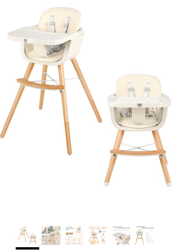 Photo 1 of BABY JOY Convertible Baby High Chair, 3 in 1 Wooden Highchair/Booster/Chair with Removable Tray, Adjustable Legs, 5-Point Harness, PU Cushion and Footrest for Baby, Infants, Toddlers (Beige)