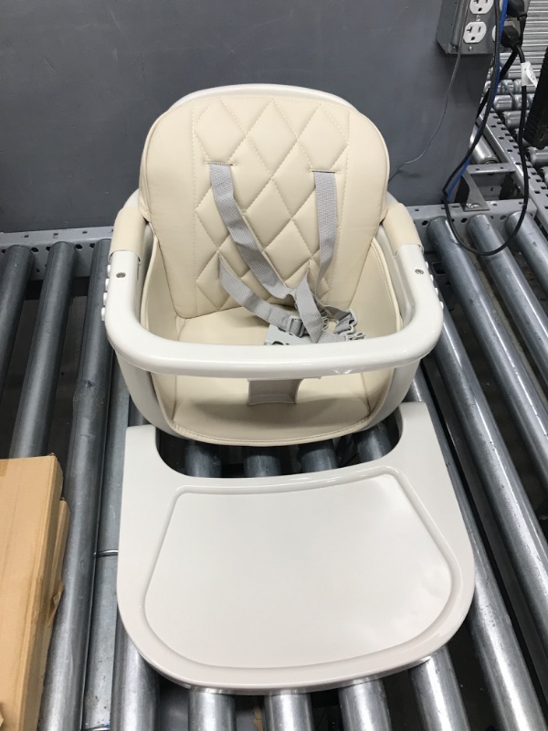 Photo 1 of BABY JOY Convertible Baby High Chair, 3 in 1 Wooden Highchair/Booster/Chair with Removable Tray, Adjustable Legs, 5-Point Harness, PU Cushion and Footrest for Baby, Infants, Toddlers (Beige)