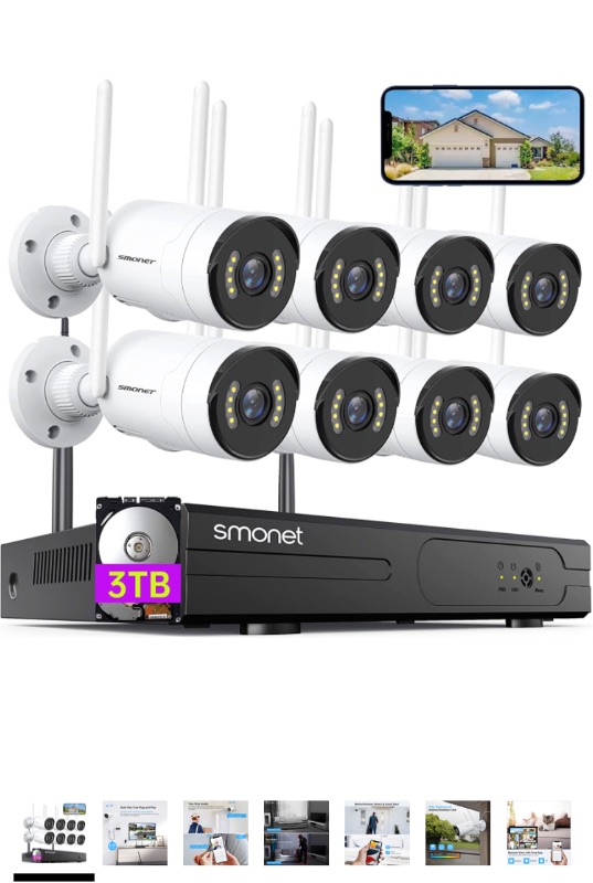 Photo 1 of [Spotlight,2-Way Audio] SMONET 2K WiFi Security Camera System,3TB Hard Drive,8CH Home CCTV Surveillance NVR Kits,8 Packs Outdoor Indoor IP Cameras Set,Free Phone APP,Night Vision,24/7 Video Recording