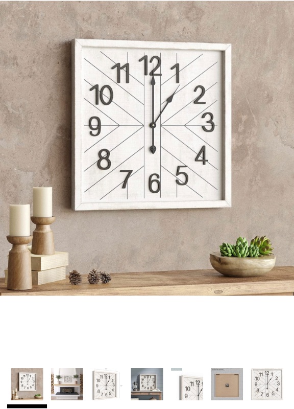 Photo 1 of Barnyard Designs 18 inch Square Wooden Decorative Wall Clock, Farmhouse Rustic Large Wall Clock for Living Room Decor, Kitchen Clock Big Wall Clock Silent Wood Wall Clock Battery Operated, White