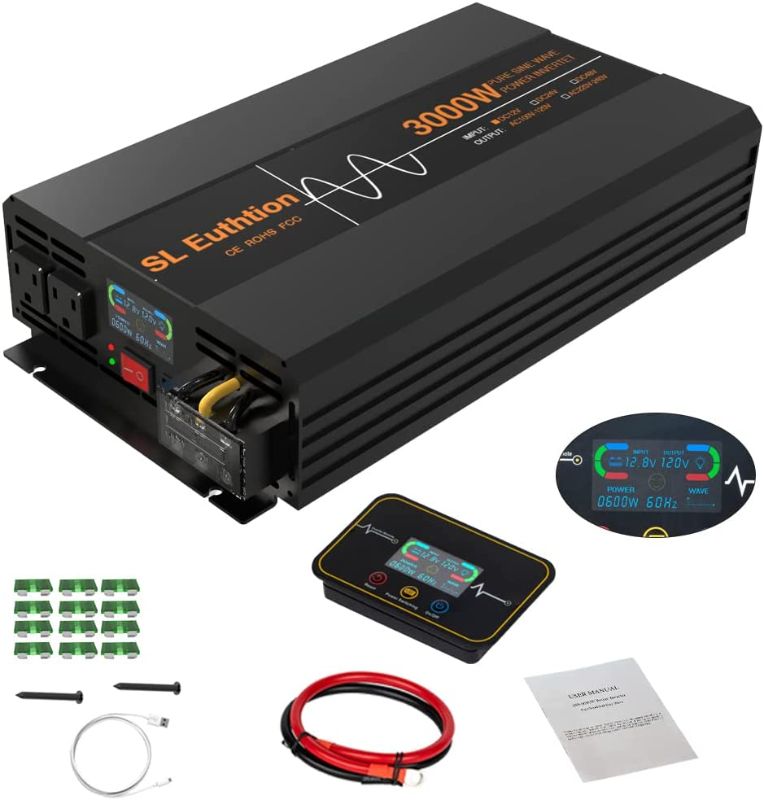 Photo 1 of **** NEW **** 
SL Euthtion 3000W Pure Sine Wave Power Inverter 12V DC to 120V AC 60HZ with LCD Display, USB Port, Wireless Remote Control?10M?, Solar, Outdoor
