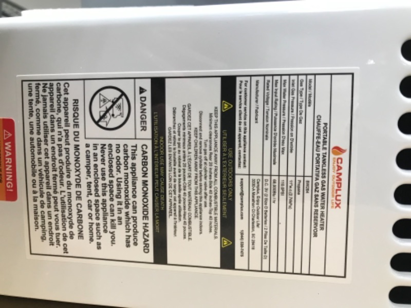 Photo 1 of Camplux 2.64 GPM Portable Propane Water Heater, Tankless Propane Gas Water Heater with Digital Display, On Demand Hot Gas Water Heater for Campings, Road Trips, White
