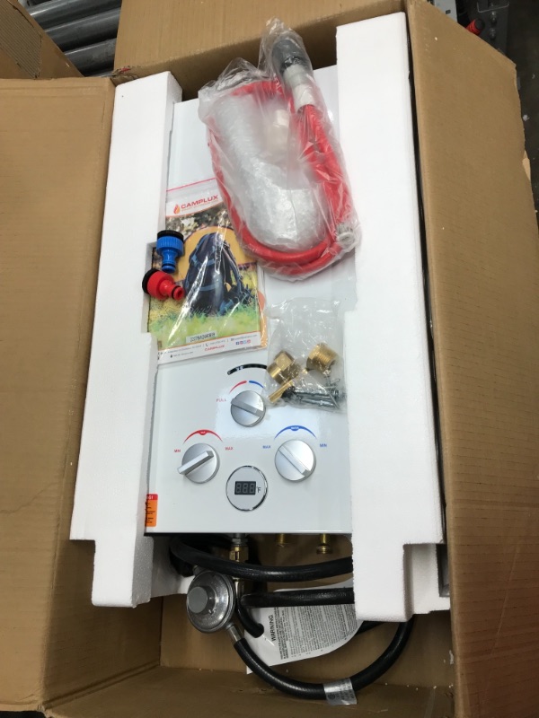 Photo 1 of Camplux 2.64 GPM Portable Propane Water Heater, Tankless Propane Gas Water Heater with Digital Display, On Demand Hot Gas Water Heater for Campings, Road Trips, White
