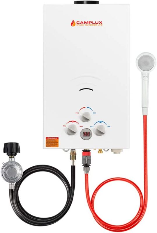 Photo 1 of Camplux 2.64 GPM Portable Propane Water Heater, Tankless Propane Gas Water Heater with Digital Display, On Demand Hot Gas Water Heater for Campings, Road Trips, White
