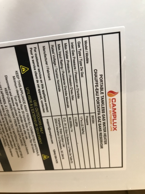 Photo 1 of Camplux 2.64 GPM Portable Propane Water Heater, Tankless Propane Gas Water Heater with Digital Display, On Demand Hot Gas Water Heater for Campings, Road Trips, White
