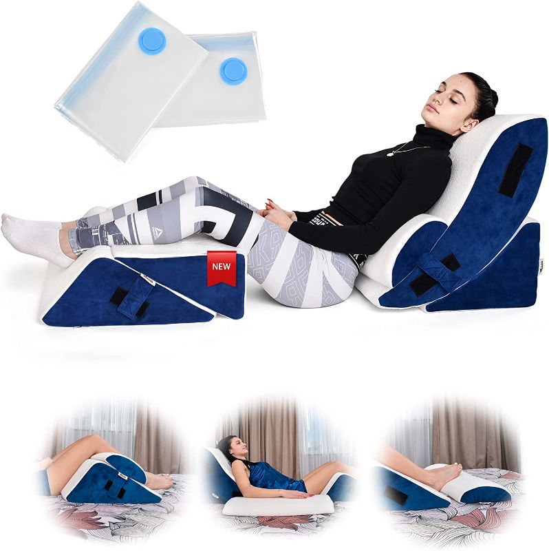 Photo 1 of *** ONLY ONE PILLOW *** Orthopedic Bed Wedge Pillow Set – 5 Pieces Wedge Pillow Set – Adjustable & Comfortable – Post Surgery Memory Foam for Back, Neck and Leg Pain Relief – Hypoallergenic – Includes 2 Vacuum Bags - Navy
