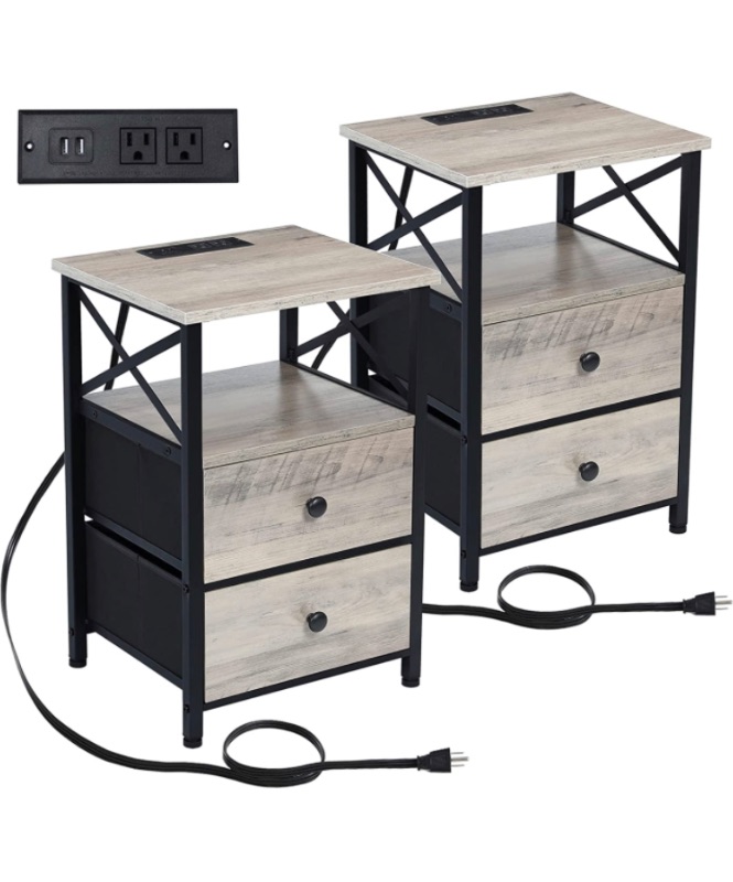 Photo 1 of AMHANCIBLE End Table with Charging Station, Nightstand Set of 2 with Fabric Drawer, Small Side Table Living Room with USB Ports and Outlets for Small Spaces Bedroom Ivory Grey and Black