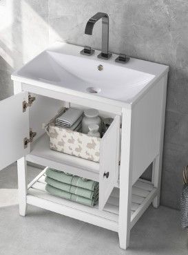 Photo 1 of 24" White Modern Sleek Bathroom Vanity Elegant Ceramic Sink with Solid Wood Frame Open Style Shelf

