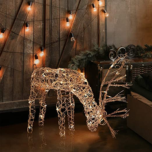 Photo 1 of Alpine Corporation Outdoor/Indoor Rattan Grazing Reindeer with Lights - Christmas and Holiday Decoration for Yard - 24-Inches
