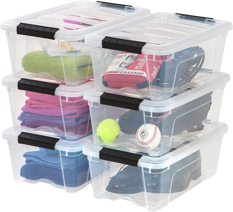 Photo 1 of IRIS USA 12 Qt. Plastic Storage Bin Tote Organizing Container with Durable Lid and Secure Latching Buckles, Stackable and Nestable, 6 Pack, clear with Black...
