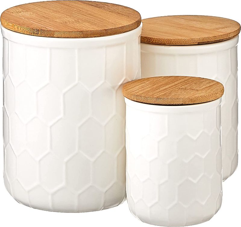 Photo 1 of **Missing Large Container**Bloomingville A21700001 Set of 2White Stoneware Canisters with Bamboo Lids
