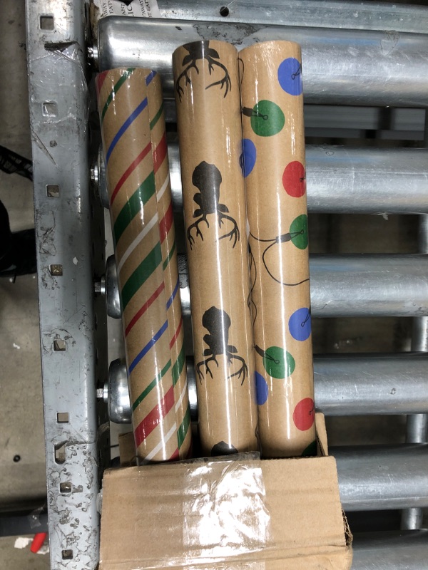 Photo 2 of Hallmark Recyclable Christmas Wrapping Paper for Kids with Cut Lines on Reverse (4 Rolls: 88 sq. ft. ttl) Kraft Brown with Christmas Lights, Deer,...
