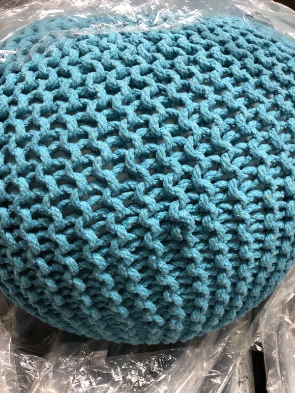 Photo 2 of COTTON CRAFT Round Pouf Ottoman - Hand Knitted Cotton Braid Cord Cable Dori Floor Pouf - Footrest Accent Furniture Chair Seat Bean Bag - Living Room Bedroom Kids Room Nursery Dorm -20 x 14- Light Blue
