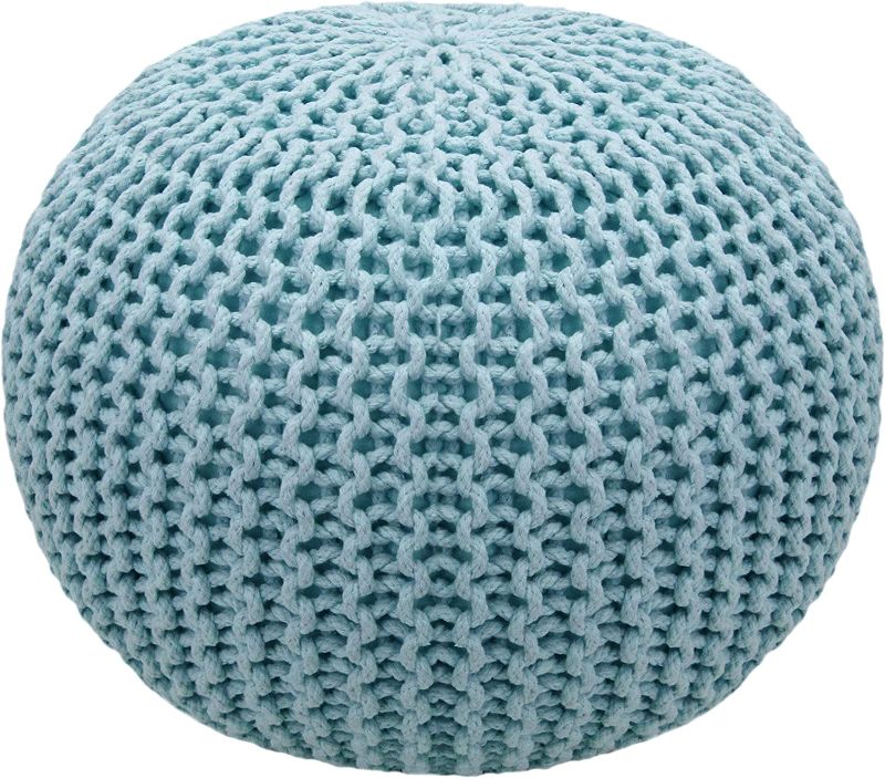 Photo 1 of COTTON CRAFT Round Pouf Ottoman - Hand Knitted Cotton Braid Cord Cable Dori Floor Pouf - Footrest Accent Furniture Chair Seat Bean Bag - Living Room Bedroom Kids Room Nursery Dorm -20 x 14- Light Blue
