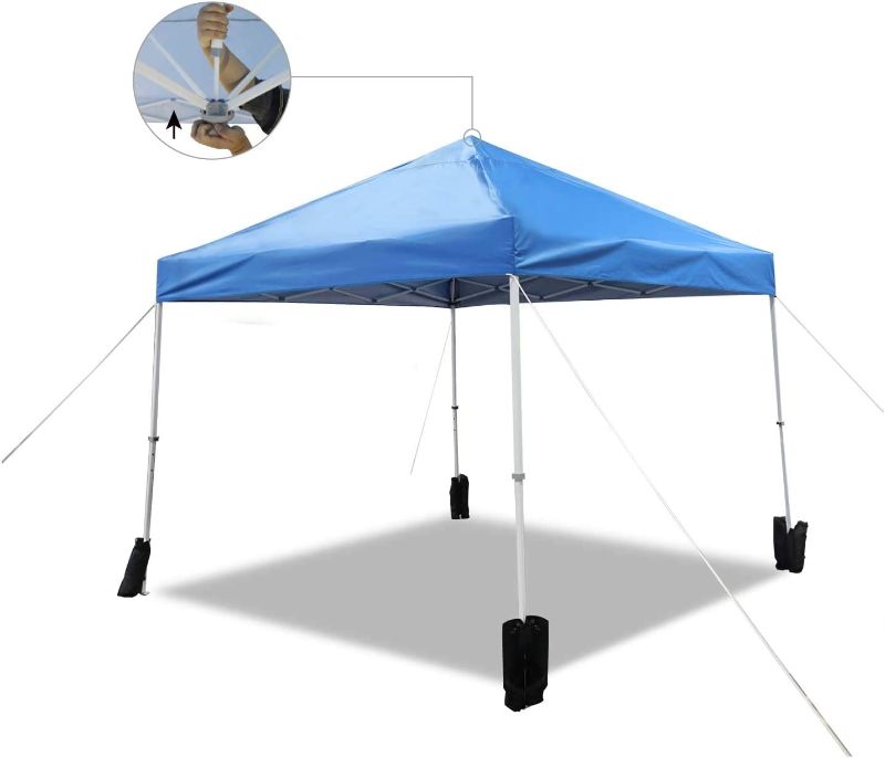 Photo 1 of Amazon Basics Outdoor One-push Pop Up Canopy, 10ft x 10ft with Wheeled Carry Bag, 4-pk weight bag, Blue
