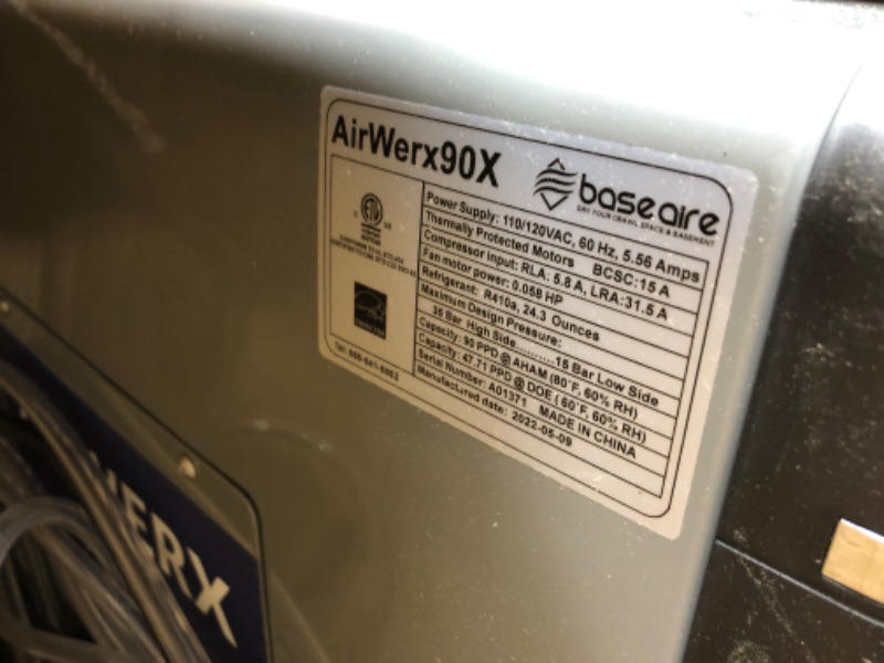 Photo 3 of BaseAire AirWerx90X Energy Star Dehumidifier for Crawl Space Basement, 198 Pints Commercial Dehumidifier with Pump, 5 Years Warranty, Intelligent Humidity Control, Auto Shut off/Restart