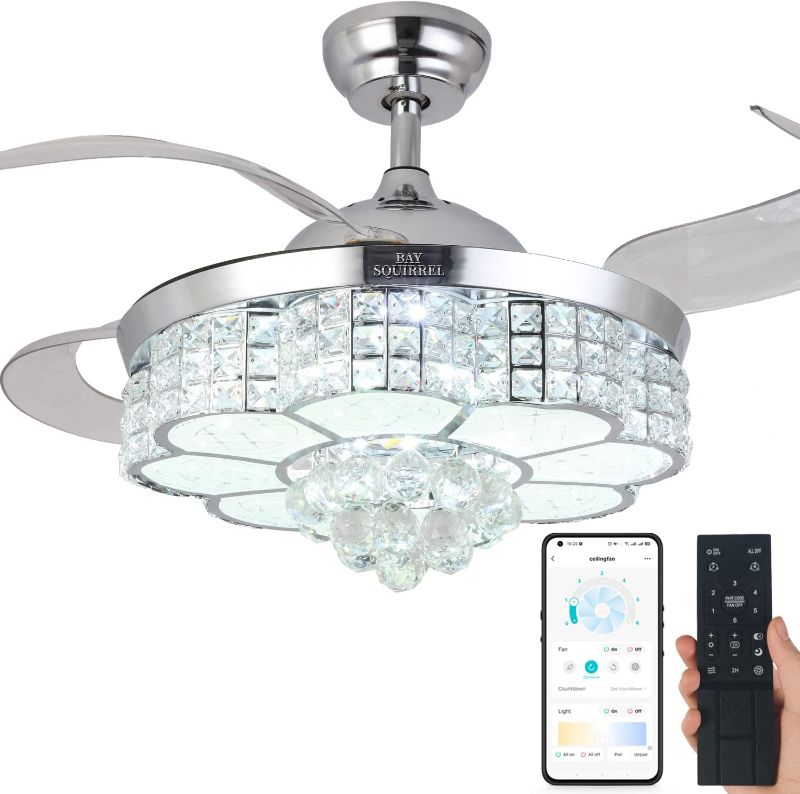 Photo 1 of BAYSQUIRREL Retractable Crystal Ceiling Fan with Light, Remote and APP Control, 6 Speeds Reversible Blades, 3-Color LED Dimmable Chandelier Ceiling Fan with Color Temperature Memory 36W 42in