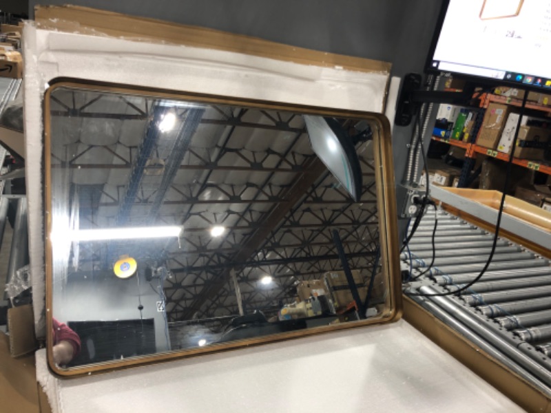Photo 4 of G-LEAF Wall Mirror for Bathroom, 24" X 36" Square Wall Mirror, Brushed Gold Metal Framed with Rounded Corner, Hangs Horizontal Or Vertical Package Updated Brushed Gold 24x36 IN