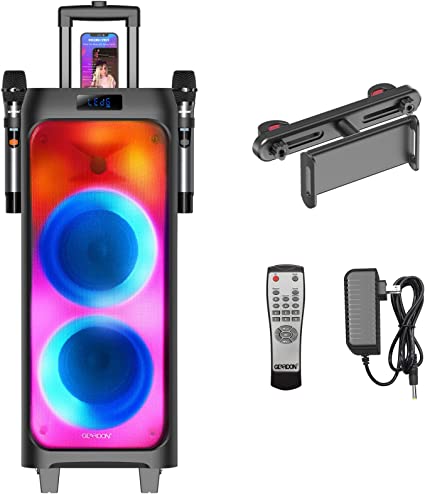 Photo 1 of GEARDON Karaoke Machine for Adults Kids, Dual 6.5" Subwoofer, Portable Outdoor Bluetooth Loud-Speaker w/ Wireless Microphones for Singing Party, Recording, DJ Lights, Tablet Holder, 2 Mics PA System **Missing Charge**
