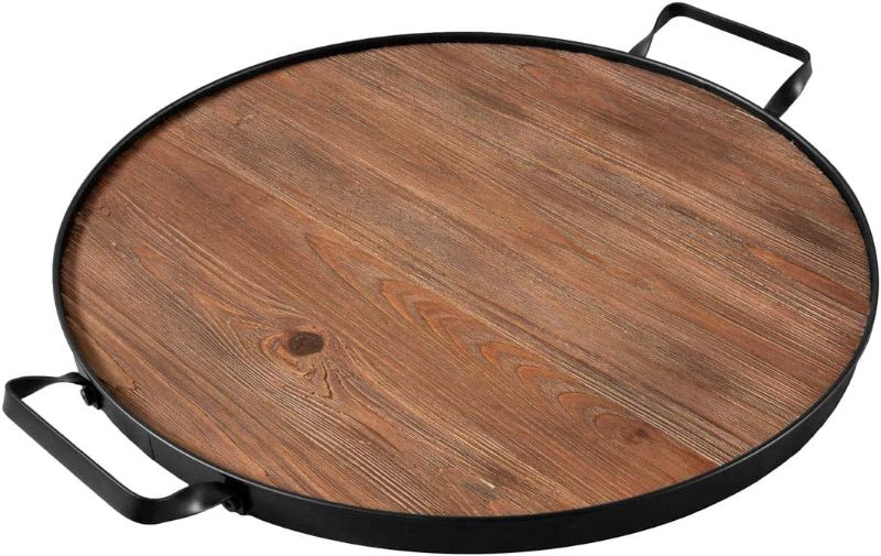 Photo 1 of 
Wine Barrel Inspired Serving Tray and Charcuterie Board with Handles, 20" Round Wood Platter, Farmhouse Style
