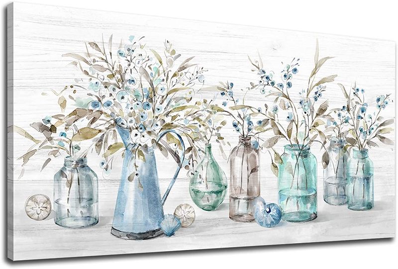 Photo 1 of  Flowers Canvas Wall Art for Living Room Wall Decor Indigo Floral in Jar Canvas Painting Pictures Vintage Botanical Flower Bottle Canvas Artwork for Bedroom Office Home Wall Decorations 20" X 40"

