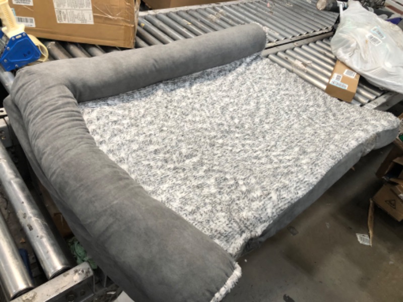 Photo 2 of **USED**
Furhaven L Chaise Dog Beds for Small/Medium/Large Dogs & Cats - Orthopedic, Cooling Gel, Memory Foam, & More Orthopedic Foam Jumbo L Chaise - Two-Tone Plush & Suede (Stone Gray)