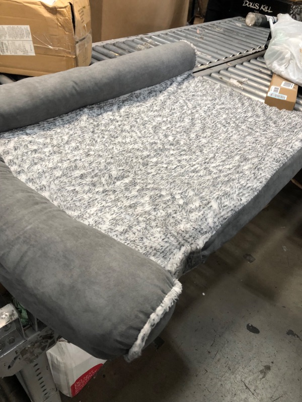 Photo 5 of **USED**
Furhaven L Chaise Dog Beds for Small/Medium/Large Dogs & Cats - Orthopedic, Cooling Gel, Memory Foam, & More Orthopedic Foam Jumbo L Chaise - Two-Tone Plush & Suede (Stone Gray)
