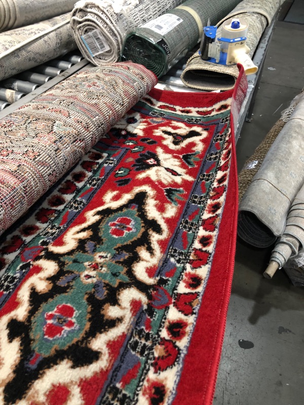 Photo 3 of **Used & needs cleaning*
7'8 x10'7 green red and white style design rug, view photos**