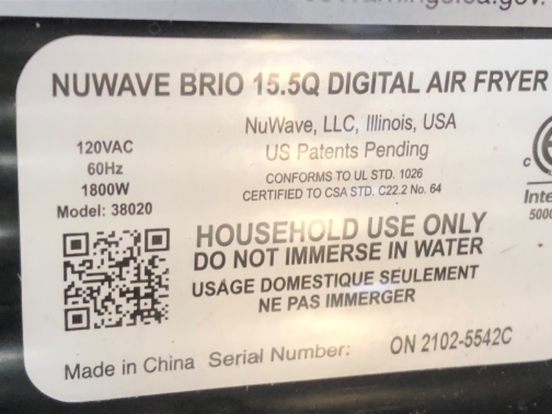 Photo 6 of **minor damage by door**
NUWAVE Brio Air Fryer Smart Oven, 15.5-Qt X-Large Family Size, Countertop Convection Rotisserie Grill Combo, Non-Stick Drip Tray, Stainless Steel Rotisserie Basket.
