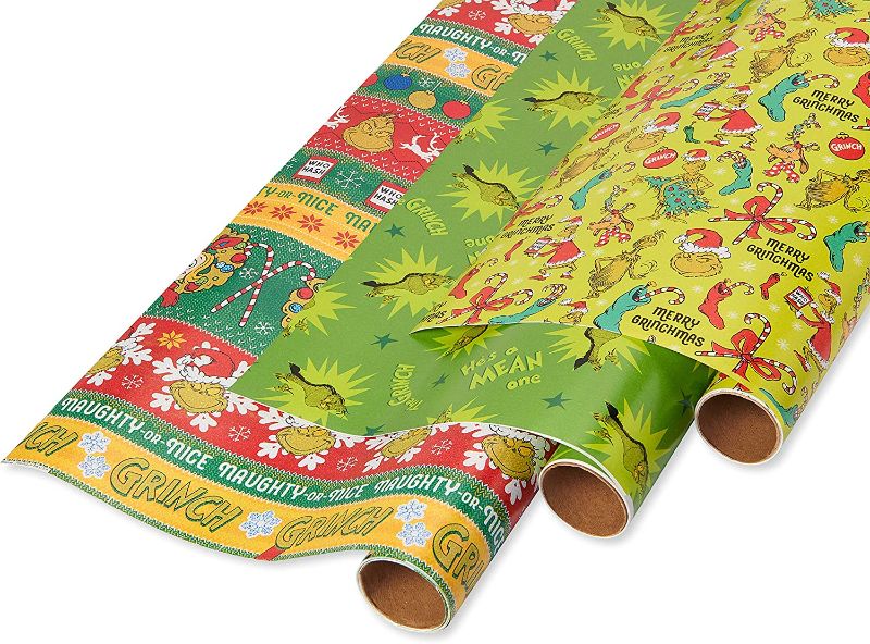 Photo 1 of American Greetings Christmas Wrapping Paper with Cut Lines Bundle, The Grinch (3 Rolls, 105 sq. ft.)
