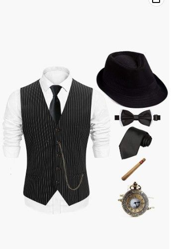 Photo 1 of 1920s Mens Costume Fedora Hat,Gatsby Gangster Vest,Vintage Pocket Watch,Pre Tied Bow Tie,Tie
SIZE XL 