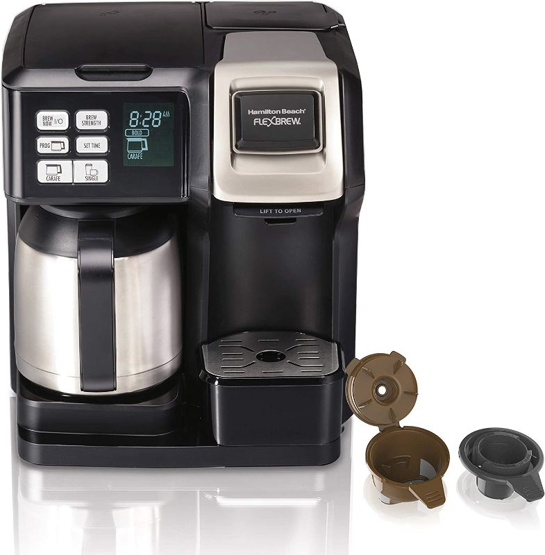 Photo 1 of Hamilton Beach FlexBrew Trio 2-Way Coffee Maker, Compatible with K-Cup Pods or Grounds, Combo, Single Serve & Full 10c Thermal Pot, Black and Stainless
