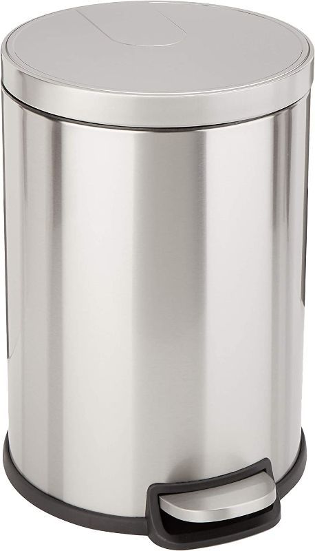 Photo 1 of **DAMAGED** Amazon Basics 20 Liter / 5.3 Gallon Round Soft-Close Trash Can with Foot Pedal - Stainless Steel

