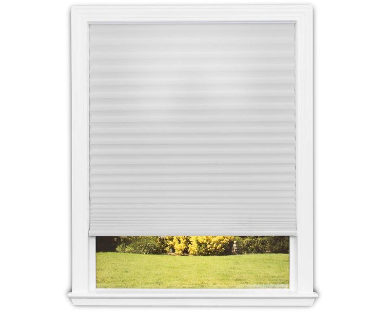 Photo 1 of **MINOR DAMAGE** Redi Shade No Tools Easy Lift Trim-at-Home Cordless Pleated Light Filtering Fabric Shade White, 48 in x 64 in, (Fits windows 31 in - 48 in)
