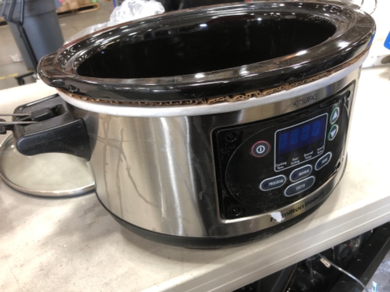 Photo 5 of Hamilton Beach 33869 Portable 6-Quart Set & Forget Digital Programmable Slow Cooker with Lid Lock, Defrost Setting, Temperature Probe, Silver
