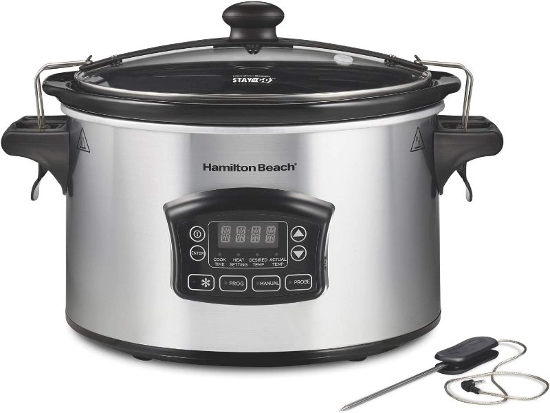 Photo 1 of Hamilton Beach 33869 Portable 6-Quart Set & Forget Digital Programmable Slow Cooker with Lid Lock, Defrost Setting, Temperature Probe, Silver
