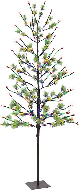 Photo 1 of 6 ft Pre-lit Twig Tree, 60 Tips, 240 Multi-Color LED Twinkle Lights, UL Listed Aadptor, Red Berries
