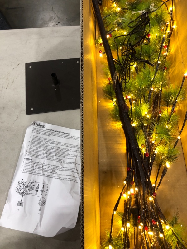 Photo 2 of 6 ft Pre-lit Twig Tree, 60 Tips, 240 Multi-Color LED Twinkle Lights, UL Listed Aadptor, Red Berries
